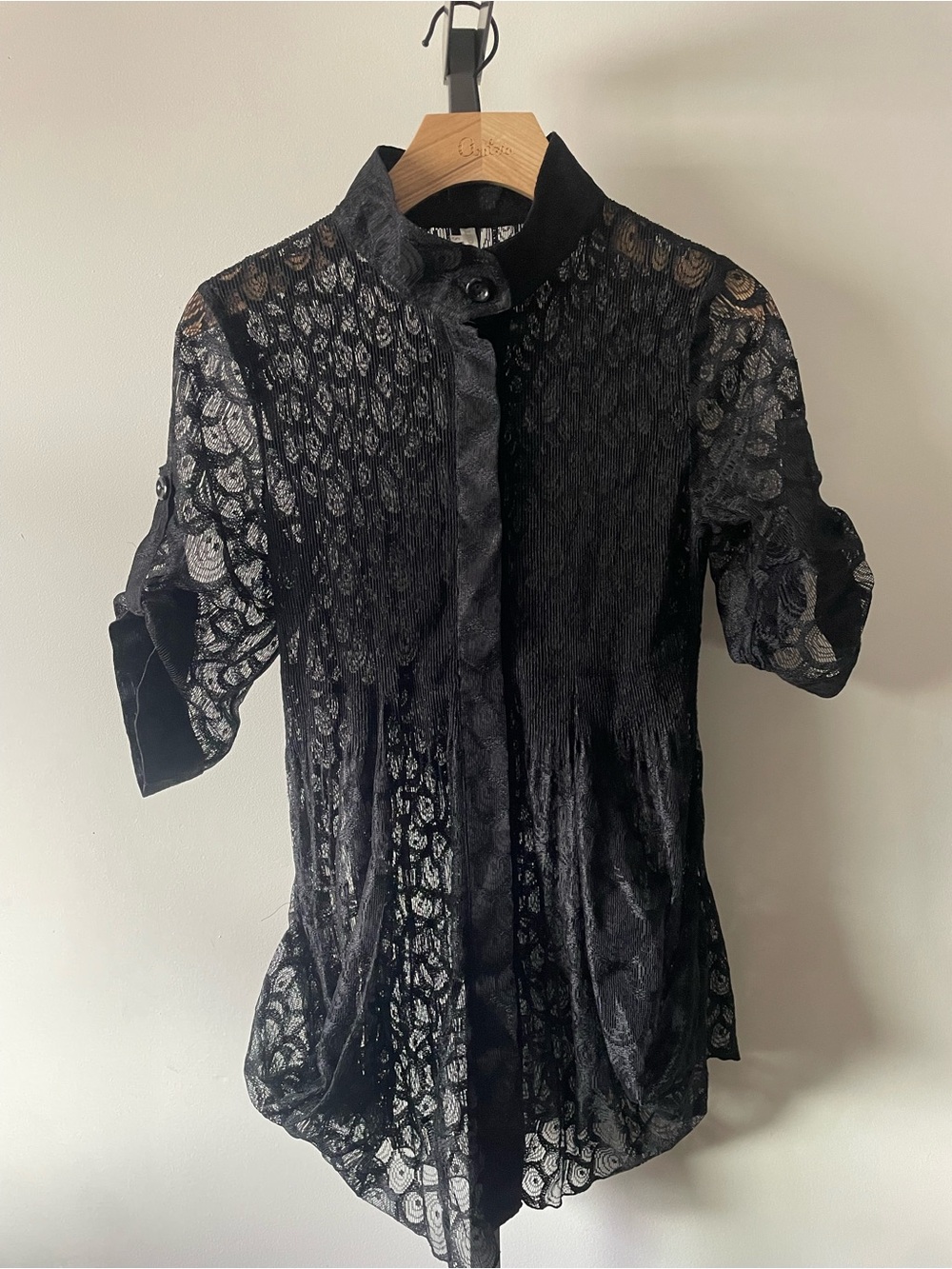 Y2K Lindi Black Lace Button Down Blouse Long Tunic High Neck Goth